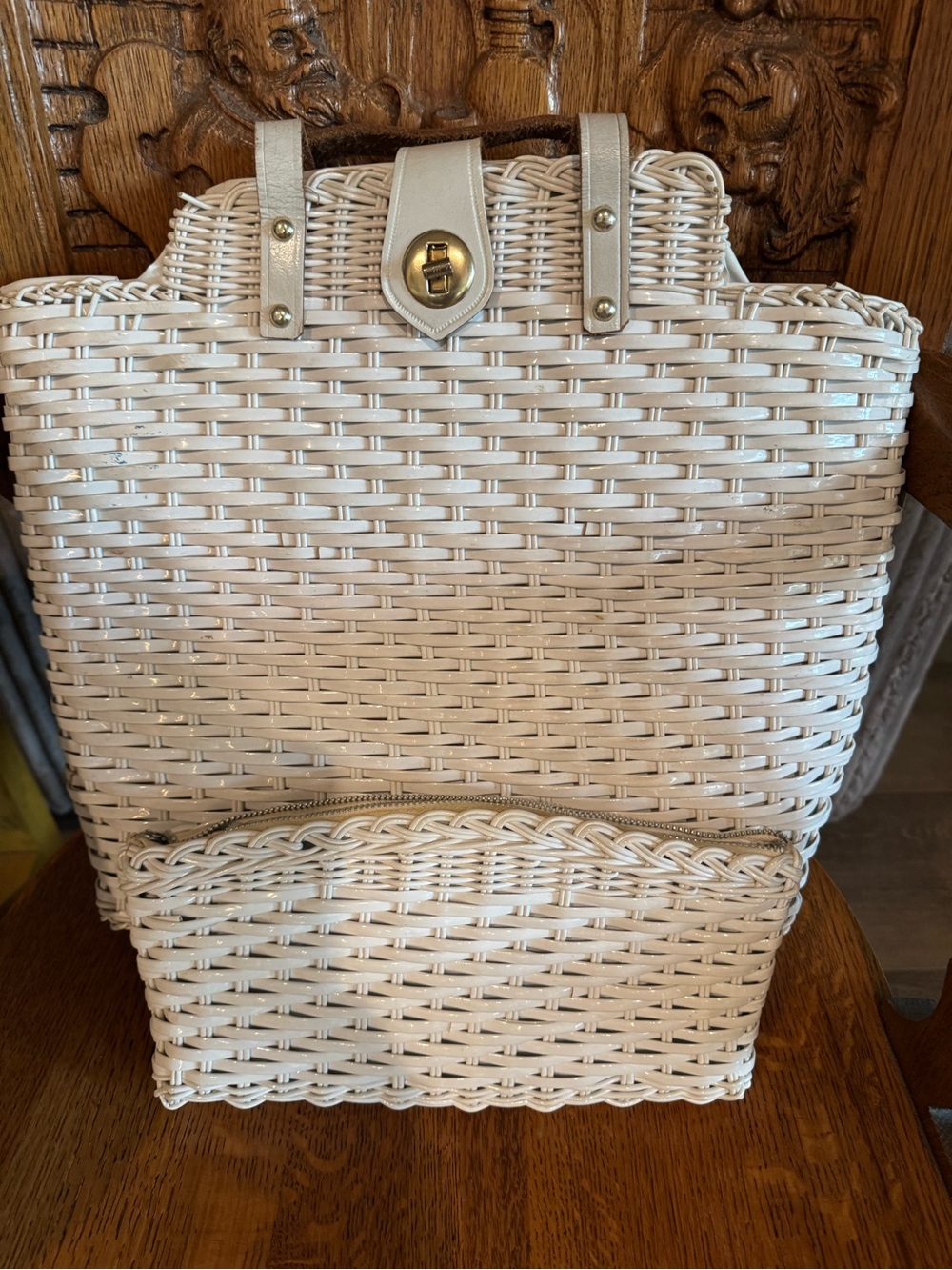 Vintage Wicker Tote Bag in White- Lightweight Summer Carryall
